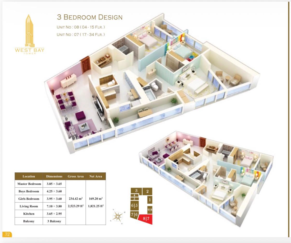 Floor plan of a three-bedroom apartment
